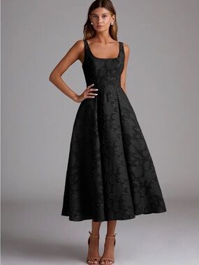 Azazie Black Floral Amalie A-Line Midi Dress Size 18 NWT Tea Length